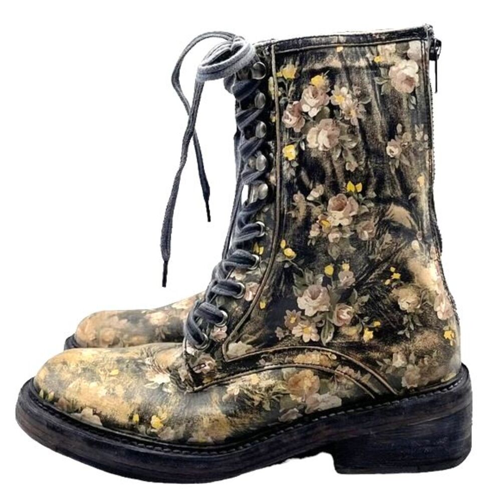 Free People Santa Fe Black Floral Leather Lace-Up Combat Boot Sz US 8 EU 38 NWT